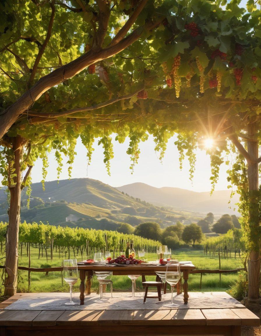 A picturesque vineyard landscape during golden hour, with sun-kissed grapes hanging from lush vines. In the foreground, a rustic wooden table set for a tasting event, featuring elegant wine glasses filled with rich red and sparkling white wines. Soft twinkling fairy lights add a magical ambiance. A cheerful couple enjoys a toast under a canopy of branches, surrounded by rolling hills and distant mountains. tranquil, natural lighting. painting. vibrant colors.