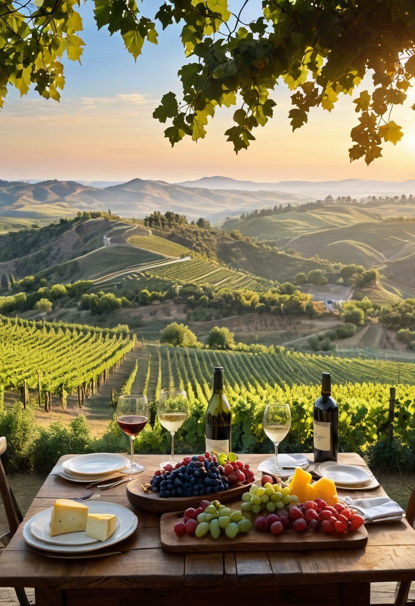 A picturesque vineyard landscape with rolling hills, lush grapevines bathed in golden sunset light. A rustic wooden table is set with an assortment of wine glasses and a bottle, surrounded by cheese and fruit platters, inviting travelers to savor the experience. A curious traveler, camera in hand, gazes at the vineyards in awe. Accompanying scenic blue skies with fluffy clouds create a serene atmosphere. vibrant colors. super-realistic.